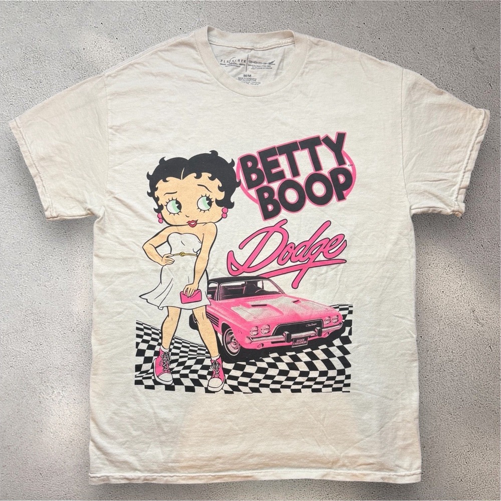 Betty Boop Dodge Challenger Graphic T-Shirt Cream Pink Mens Medium M Fleischer